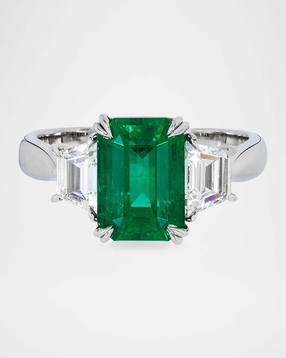 Handmade Platinum 3-Stone Statement Ring with Diamonds and Emerald